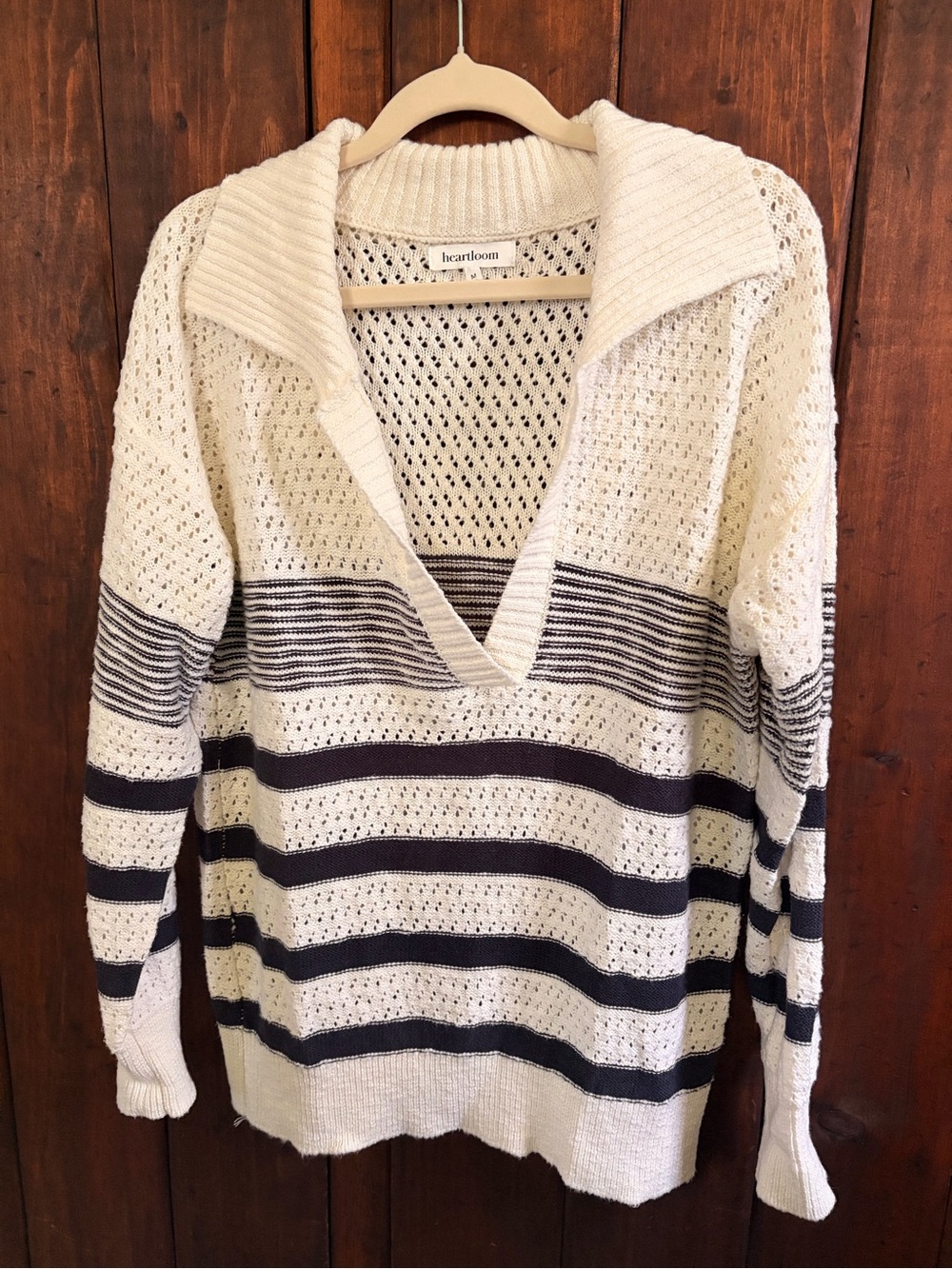 Heartloom Cream and Navy Striped V-Neck Open Knit Sweater